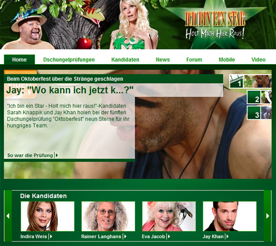 Screenshot von RTL.de zur Themenseite vom Dschungelcamp